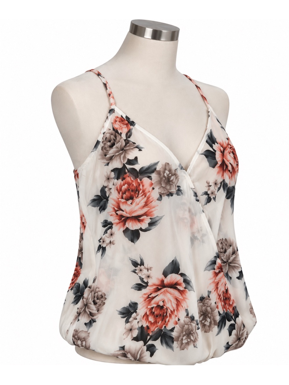 SHEIN Cream Floral V-Neck Spaghetti Strap Tank Top with Coral Blooms